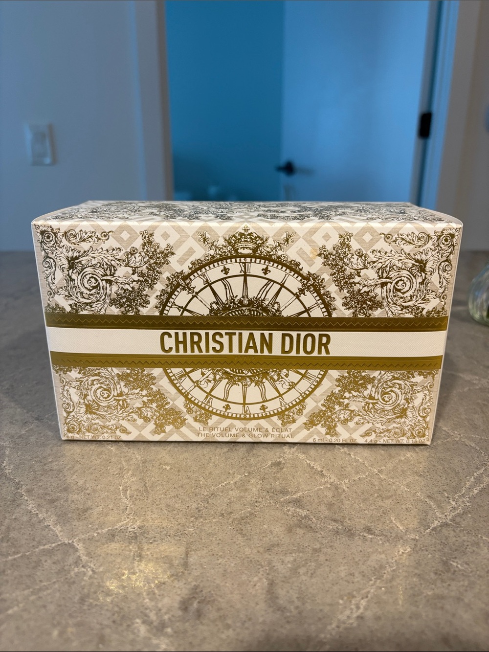 Dior White and Gold Decorative Paper Box with Ornate Clock Motif